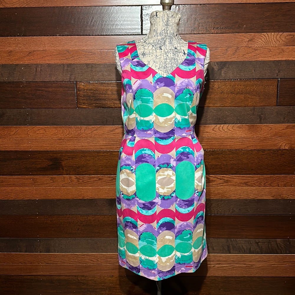 Donna Morgan Scoop Neck Multi Colored Geometric Pattern Sleeveless Midi …